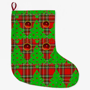 RED GREEN TARTAN ,CHRISTMAS TREE WITH HEARTS LARGE CHRISTMAS STOCKING