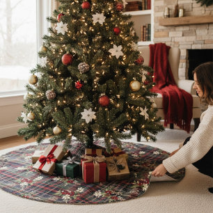 Red Green Tartan Floral Festive Christmas Brushed Polyester Tree Skirt
