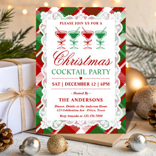 Red Green Tartan Lace Christmas Cocktail Party Invitation