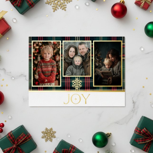 Red & Green Tartan Plaid Christmas Joy Photo Foil Holiday Card (Creator Uploaded)