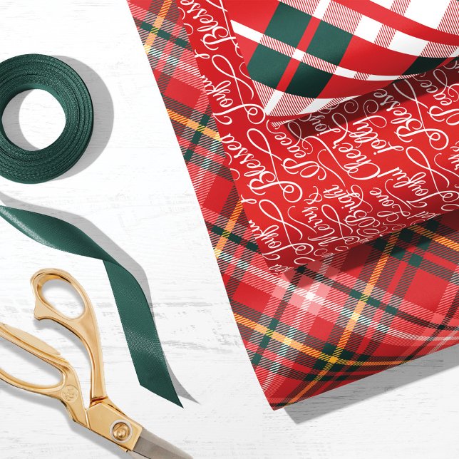 Red & Green Tartan Plaid Christmas Typography Wrapping Paper Sheet (Creator Uploaded)