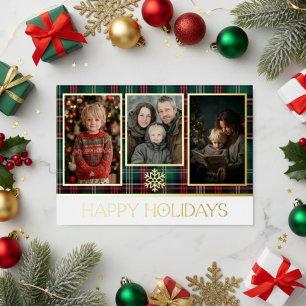 Red & Green Tartan Plaid Happy Holidays Photo Foil Holiday Card
