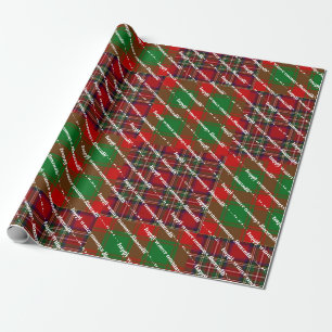 Red Green Tartan Plaid Merry Christmas Custom Name Wrapping Paper