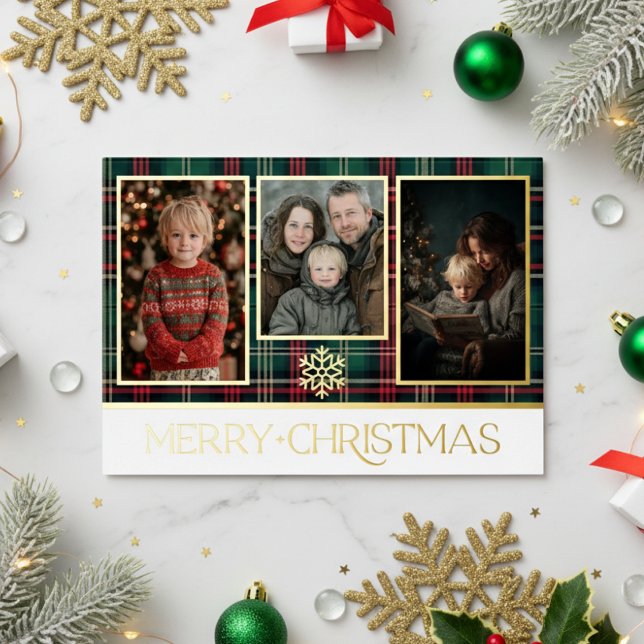 Red & Green Tartan Plaid Merry Christmas Photo Foil Holiday Card (Creator Uploaded)
