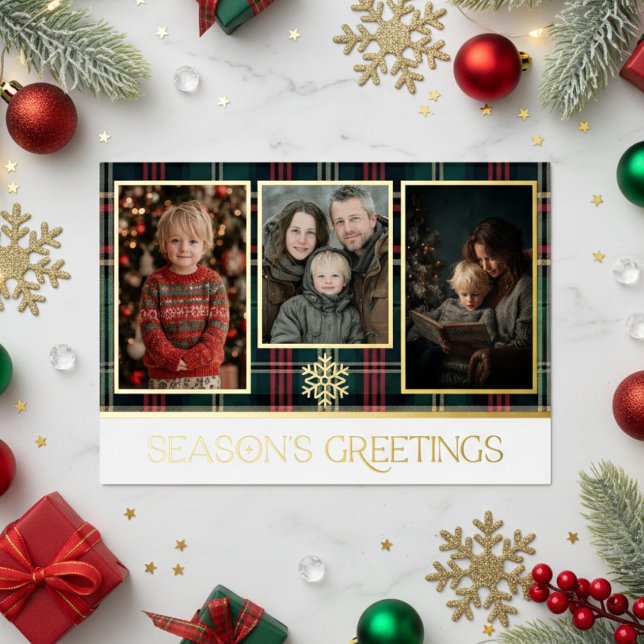 Red & Green Tartan Plaid Season's Greetings Photo Foil Holiday Card (Creator Uploaded)