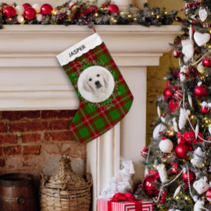 Red Green Tartan Plaid Winter Wreath Pet Dog Photo Small Christmas Stocking