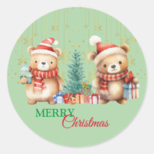 Red Green teddy Bear Santa Merry Christmas Party Classic Round Sticker