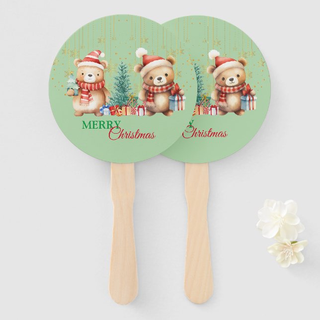 Red Green teddy Bear Santa Merry Christmas Party  Hand Fan (Front and Back)