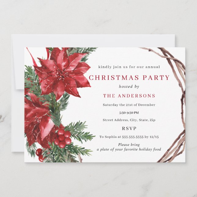 Red Green Traditional Wreath Christmas Party Invitation (Front)