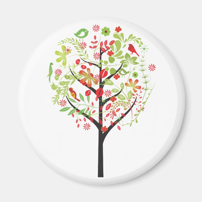 Red green tree and cute birds magnet (Front)