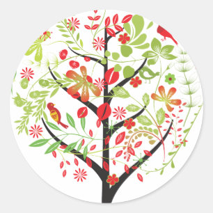 Red green tree and cute birds sticker