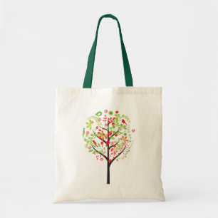 Red green tree and cute birds tote bag