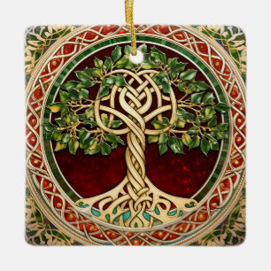 Red Green Tree Of Life Celtic Knot Ceramic Ornament