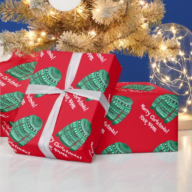 Red & green ugly Christmas sweater pattern custom Wrapping Paper (Holidays)