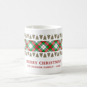 Red Green Vintage Christmas Tree Plaid Pattern Coffee Mug