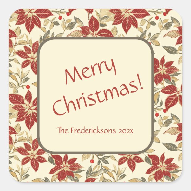 Red Green Vintage Poinsettias Christmas Square Sticker (Front)
