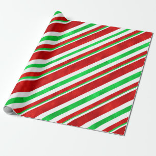 Red Green Watercolor Candy Cane Stripes 2 Wrapping Paper