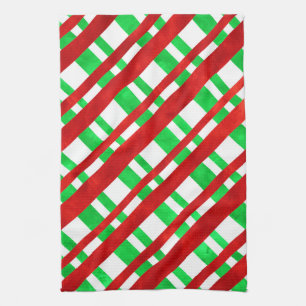 Red Green Watercolor Diagonal Plaid Tea Towel