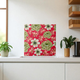 Red Green Watercolor Floral Ceramic Tile