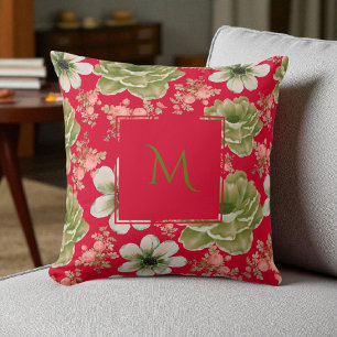 Red Green Watercolor Floral Script Cushion