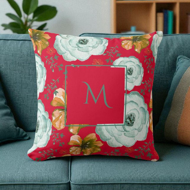Red Green Watercolor Floral Script Cushion (Creator Uploaded)
