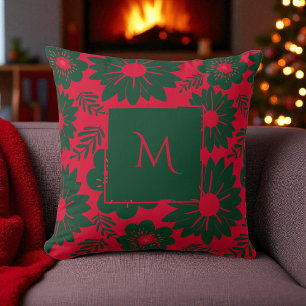 Red Green Watercolor Floral Script Cushion