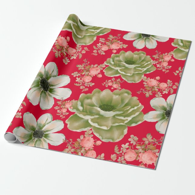 Red Green Watercolor Floral Wrapping Paper (Unrolled)
