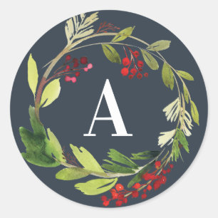 Red + green watercolor foliage initial Christmas Classic Round Sticker