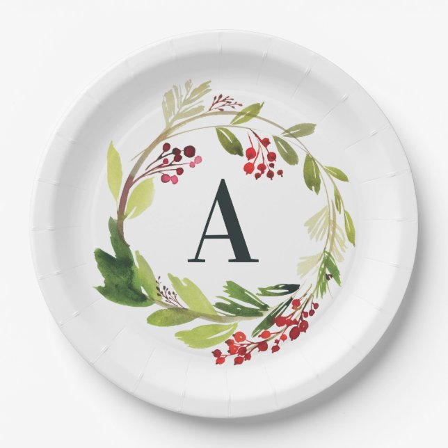 Red + green watercolor foliage initial Christmas  Paper Plate (Front)