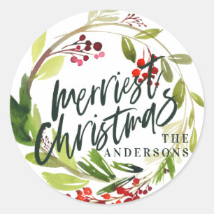 Red + green watercolor foliage merriest Christmas Classic Round Sticker