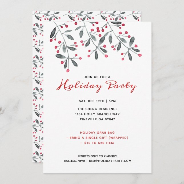 Red & Green Watercolor Holly Christmas Party Invitation (Front/Back)