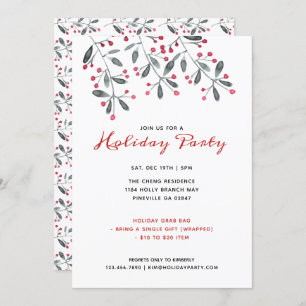 Red & Green Watercolor Holly Christmas Party Invitation