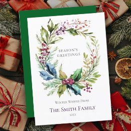 Red & Green Watercolor Holly Wreath Christmas Card