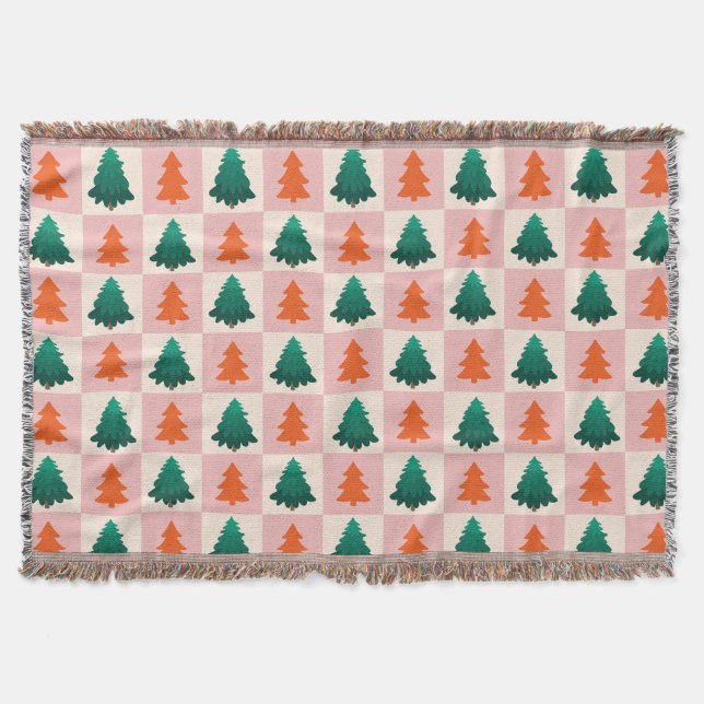 Red Green watercolor Merry Christmas tree pattern Throw Blanket (Front)