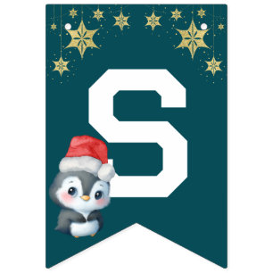 Red Green watercolor Penguin Merry Christmas Party Bunting