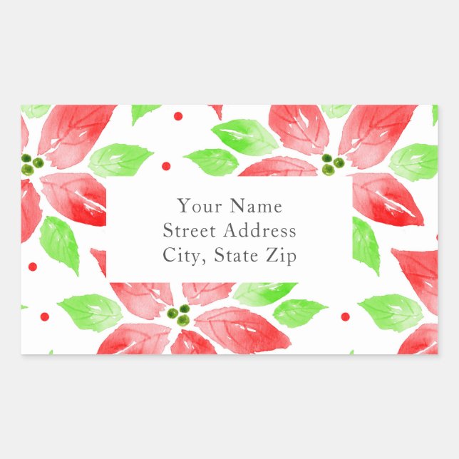 Red Green Watercolor Poinsettia Pattern labels (Front)