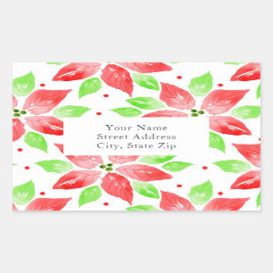 Red Green Watercolor Poinsettia Pattern labels