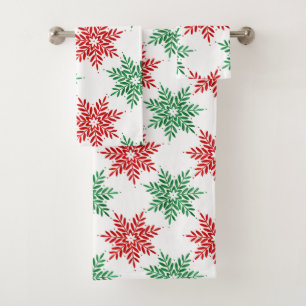 Red & Green Watercolor Snowflake Pattern 2 Bath Towel Set