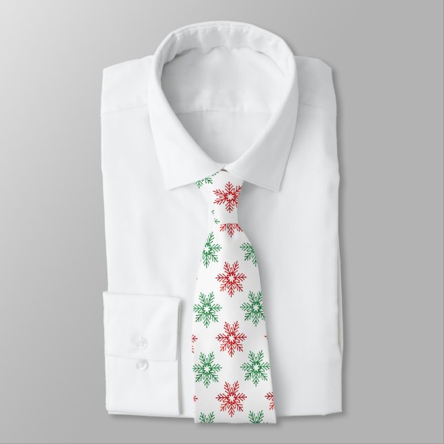 Red & Green Watercolor Snowflake Pattern   Tie (Tied)