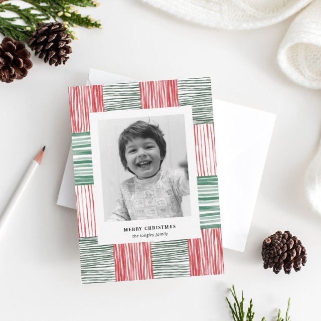 Red Green Watercolor Stripes Pattern One Photo Holiday Card (Creator Uploaded)