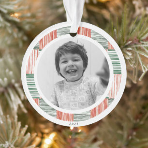 Red Green Watercolor Stripes Pattern One Photo Ornament