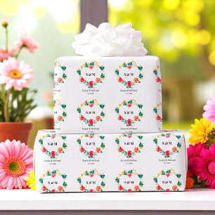 Red Green Wedding Heart Floral Wrapping Paper