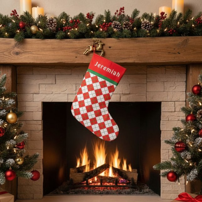 Red Green White Argyle Monogrammed Small Christmas Stocking (Stocking not to scale in the photo.)