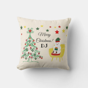 Red Green White Bear Tree Monogram Merry Christmas Cushion