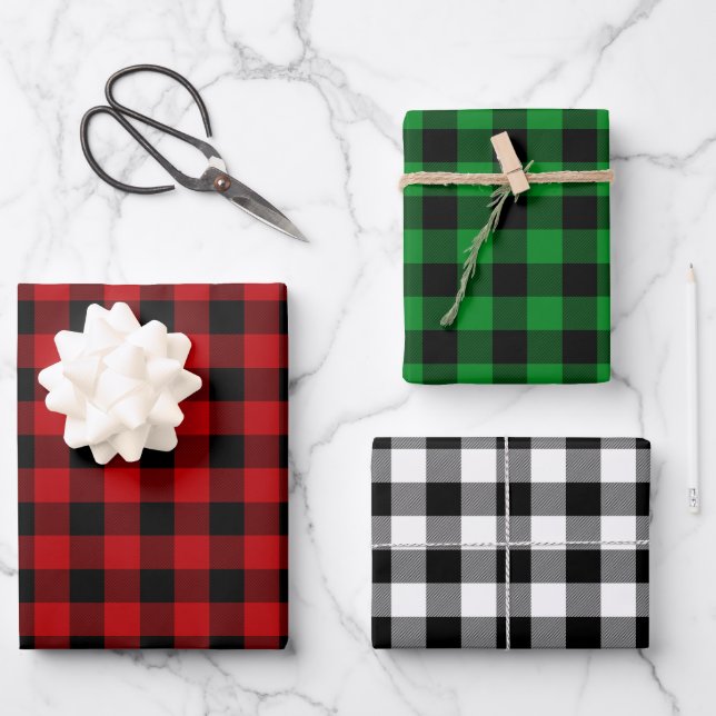 Red Green & White Buffalo Plaid Wrapping Paper Sheet (Front)
