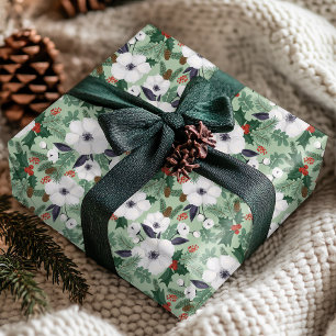 Red Green White Christmas Floral Winter Pattern Wrapping Paper