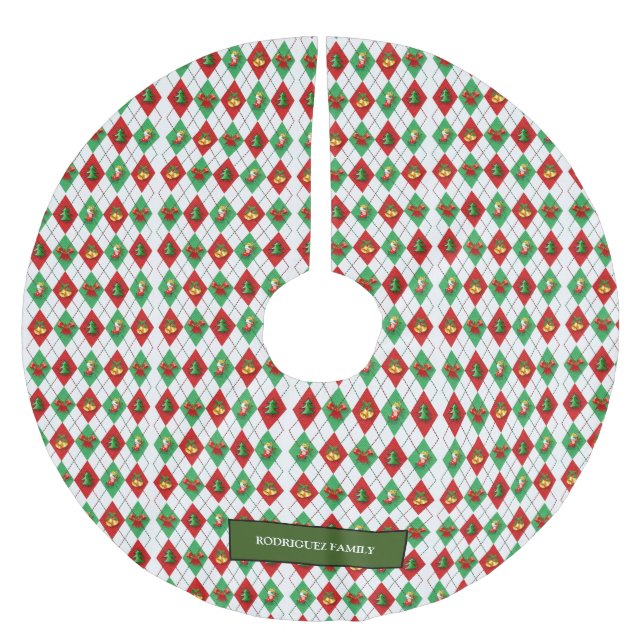 Red green white christmas pattern monogram name brushed polyester tree skirt (Front)
