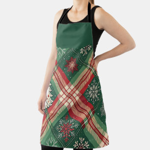 RED GREEN WHITE CHRISTMAS PLAID WITH SNOWFLAKES APRON