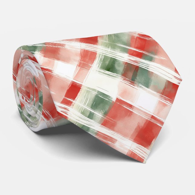 Red Green White Christmas Watercolor Plaid Tie (Rolled)
