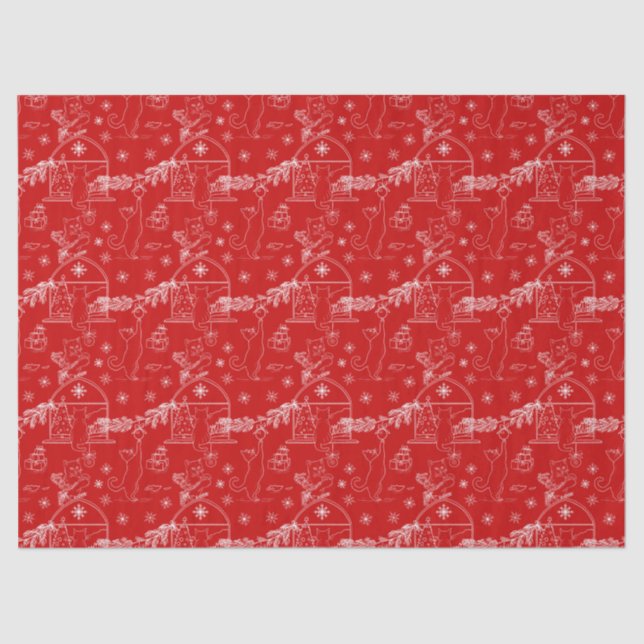 Red green & white Christmas winter cats Tissue Paper (Front)